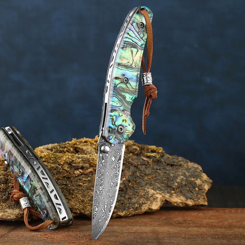 Damascus Folding KnifeMulti-purpose Delicate Fruit KnifeColoured Shell Portable Defensive Pocket KnifeOutdoor Survival Knife