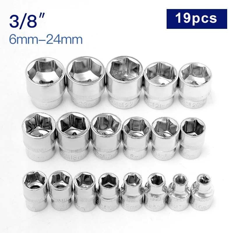 

19PCS 3/8 Hex Socket Wrench Head 10mm Drive Anti-rust Allen Key 6mm-24mm Socket Set Adapter Torque Spanner Auto Repair Tool 28mm