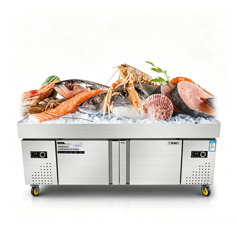 Stainless Steel Seafood Ice Counter, Commercial Order-Taking Counter, Dual-Temperature Refrigerated (Customized)