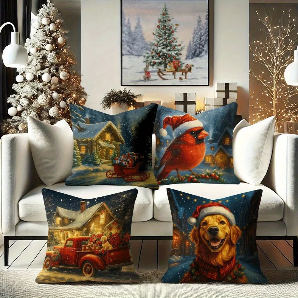Funda de almohada navideña: Imagen cálida de cabaña, pájaro rojo, camión y golden retriever Decoración del hogar de Año Nuevo Impresión plana 2d