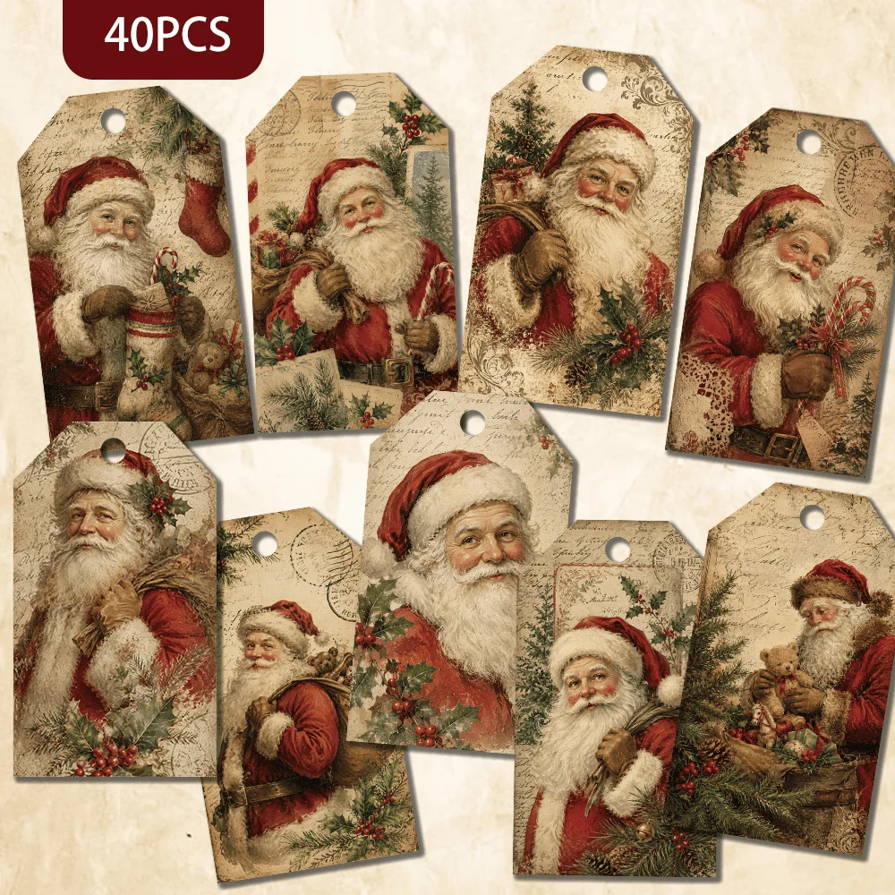 40pcs Vintage Red Santa Claus Decorative Tags, Holiday Gift Labels, Party Decorations, Handmade Packaging Accents, Jute Rope