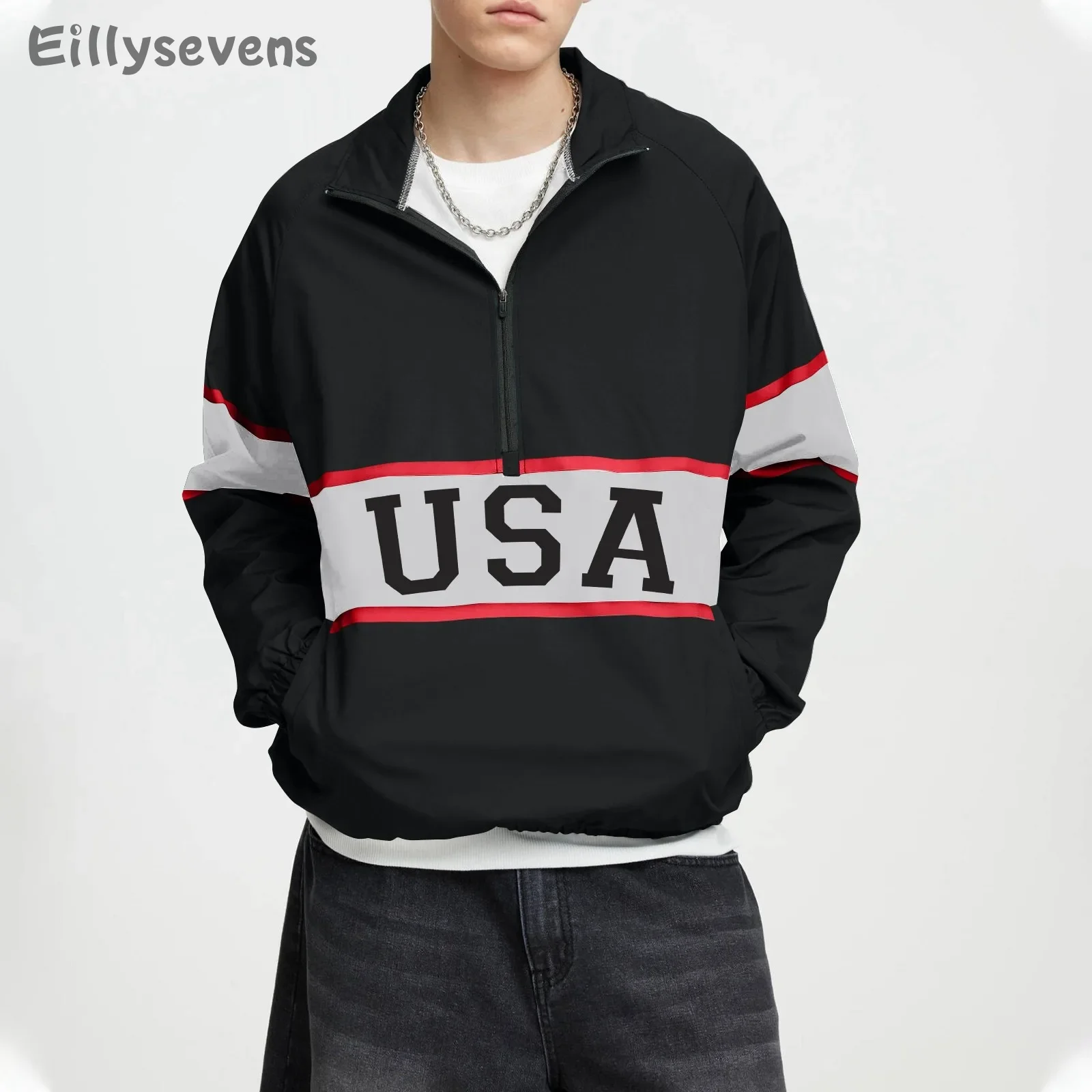 Men's personalized trendy letter print Sweatshirts Winter Colorblock Stand Collar Half Zip Long Sleeve Top Fashion jackets