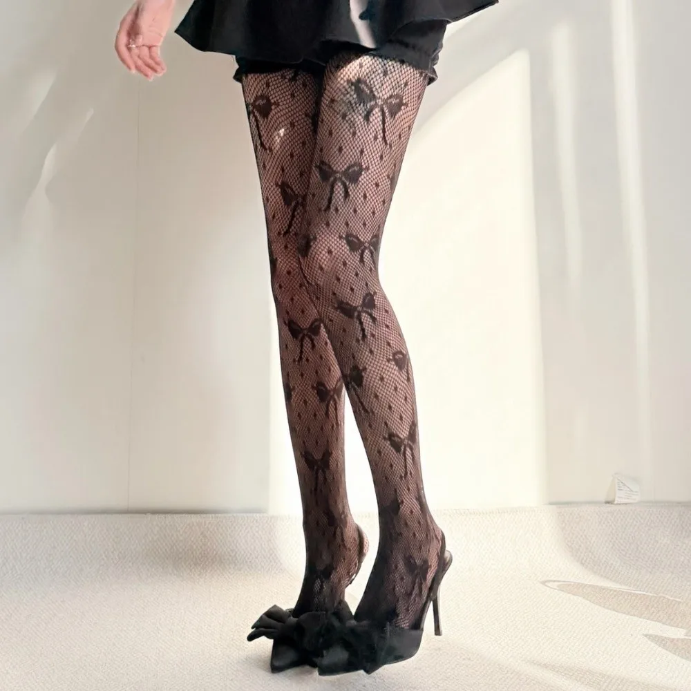 Comfortable Lace Mesh Bow Stockings Fishnet Vintage Hollowed Out Jacquard Pantyhose Y2K Sweet Polka Dot Stockings JK Lolita