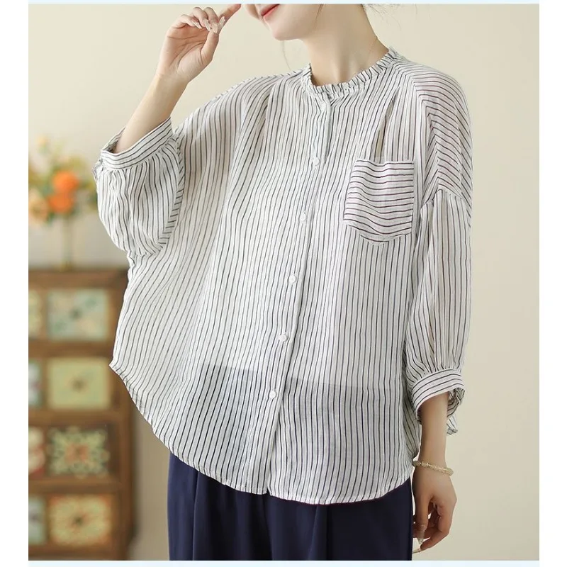 

Женская блузка с длинным рукавом в серо-белую полоску, с рюшами, воротником-стойкой, свободного кроя, из прозрачной ткани, повседневная