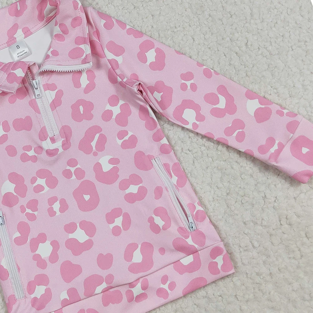 سترة يوجا بسحاب على شكل الفهد الوردي للفتيات الصغيرات بأكمام طويلة مع جيوب، بلوفر بناتي مطبوع عليه الفهد باللون الأبيض والوردي