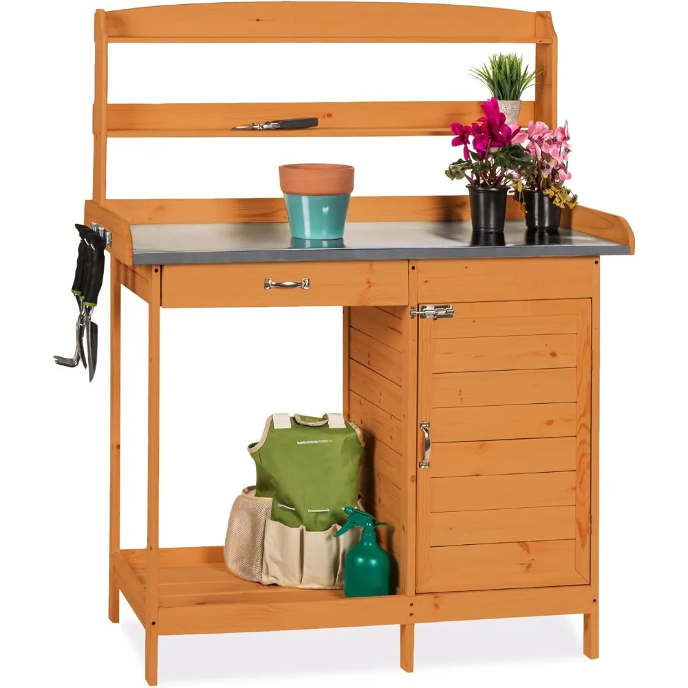 

Outdoor Garden Wooden Potting Bench Work Station w/Metal Table Top, Pre-Stained Finish, Cabinet, Sliding Drawer, - Brown