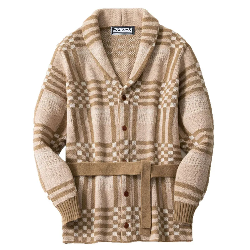

New 2025 Winter Men's Knitted Cardigan Jacquard Pattern Turndown Collar Men Sweater with Belt Thicken Autumn Male Coats MY1094