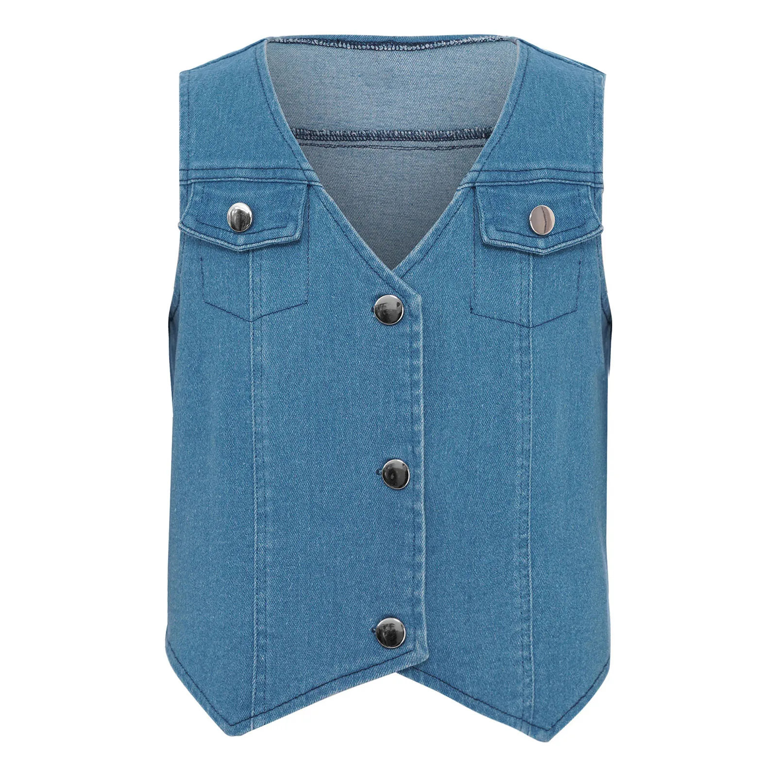 

Kids Girls Denim Vest Jacket V-neck Sleeveless Button Asymmetrical Hem Waistcoats Crop Top for Holiday Birthday Party Beachwear