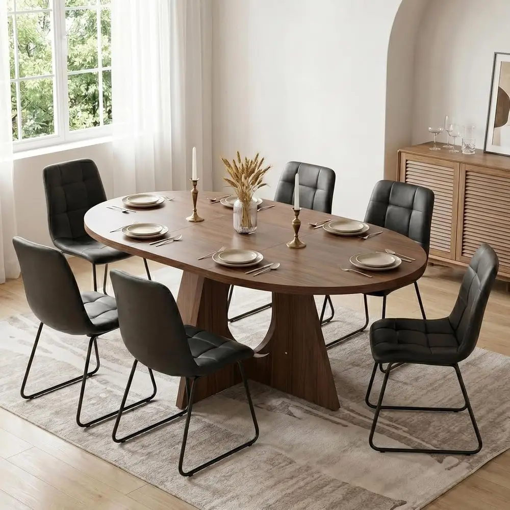 

Expandable Walnut Dining Table Set for 6 with 6 PU Leather Chairs, 7-Piece Modern Kitchen Table Set