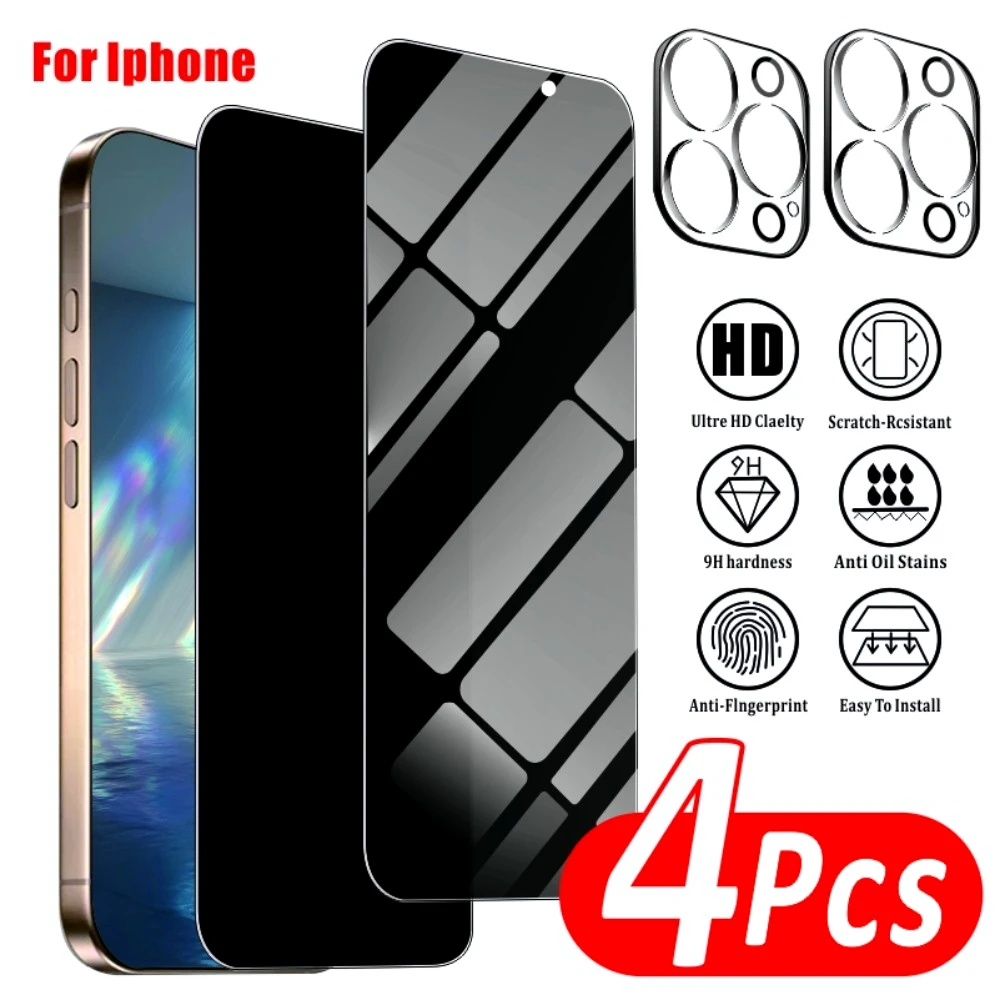 

Защитное стекло 4-в-1 от подглядывания для iPhone 17, 16, 15, 14 Pro Max, Air 17e, 16e, а также защитное стекло для камеры iPhone 13, 12, 11 Pro, 15, 14 Plus