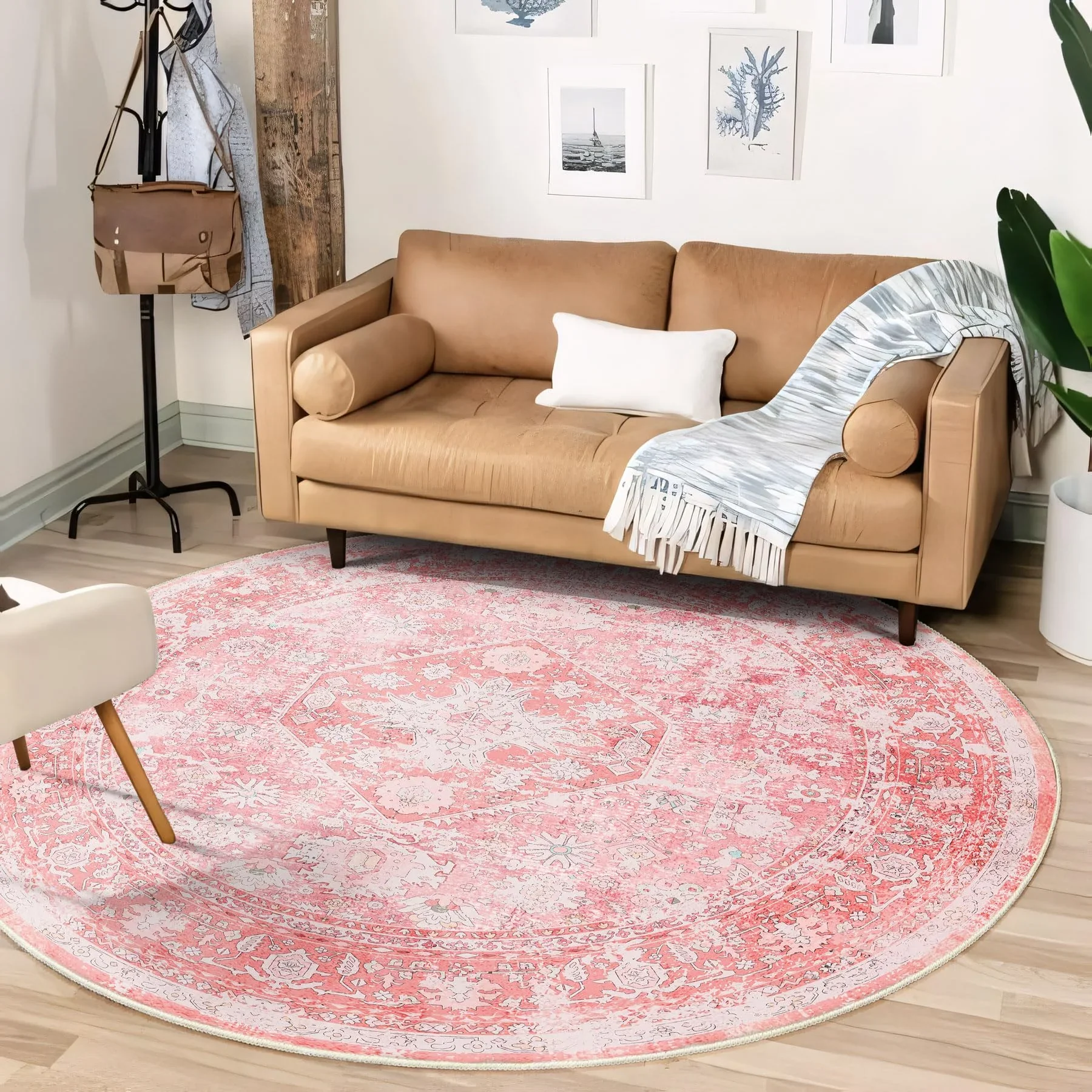 Pink Boho Round Rug – Washable Soft Non-Slip Circular Carpet for Girls Bedroom & Living Room Decor