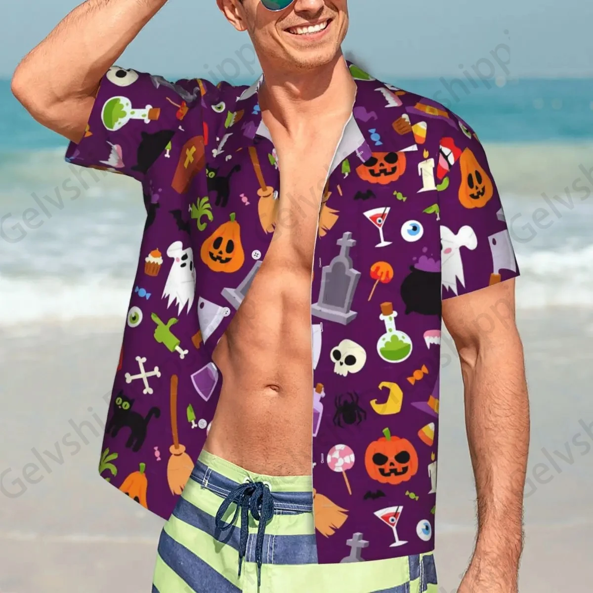 

Halloween 3d Print Beach Shirts Men Women Fashion Hawaiian Shirts Short Sleeve Blouse Pumpkin Camisas Vocation Aloha Boy Clothes