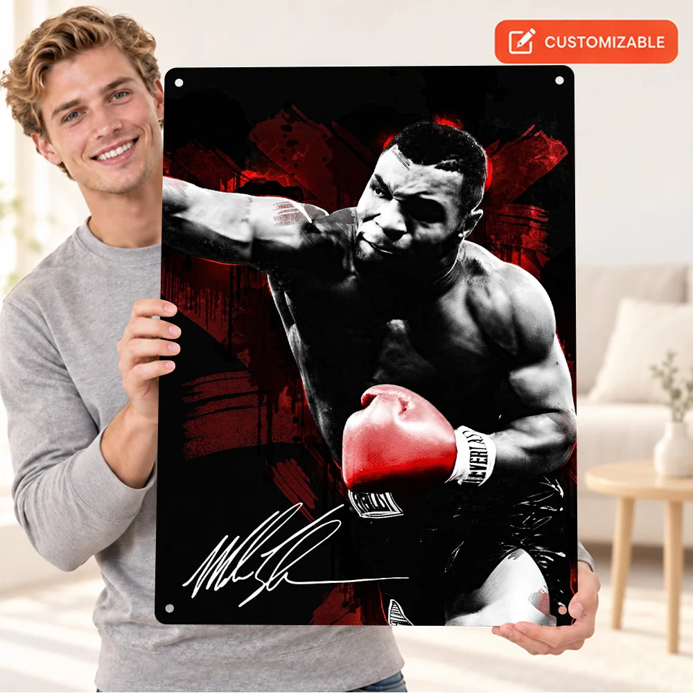 Mike Tyson Fighting Pose Aluminum Poster Personalized Metal Sign Punching Red Black Gloves Graphic Wall Art For Sports Lounge