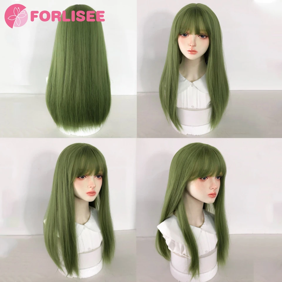 FORLISEE Cosplay Wig With Bangs Synthetic Straight Hair 20 Inch Long Heat-Resistant Fruit Green Wig For Women