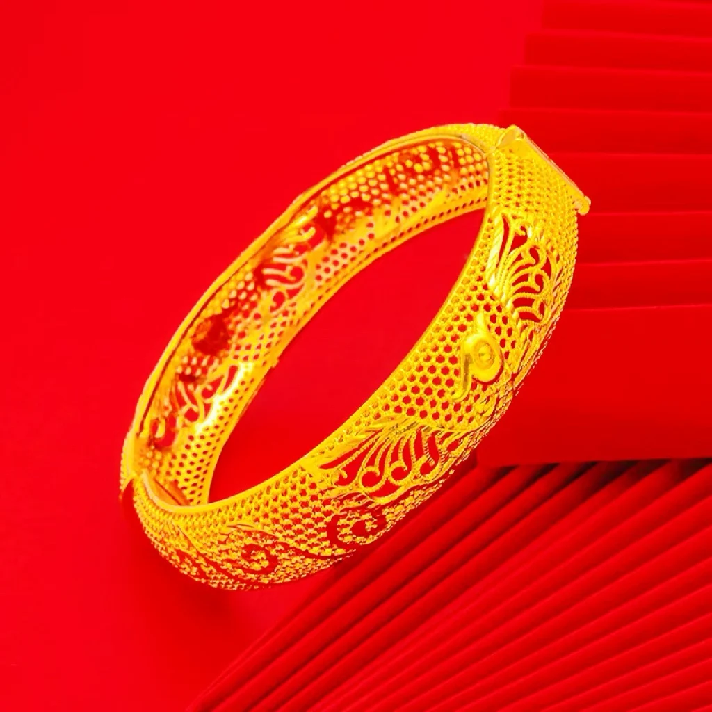 Luxury 24K 9999 Pure Gold real gold Bride Dragon and Phoenix Bracelet Wedding Bracelet