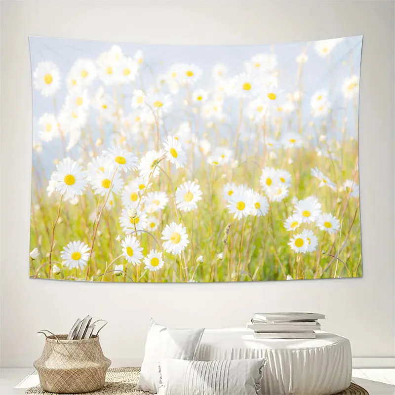 White Daisy Field Spring Meadow Soft Focus Wall Tapestry Machine Washable All Season Decor Print Nature Floral Art Design Home