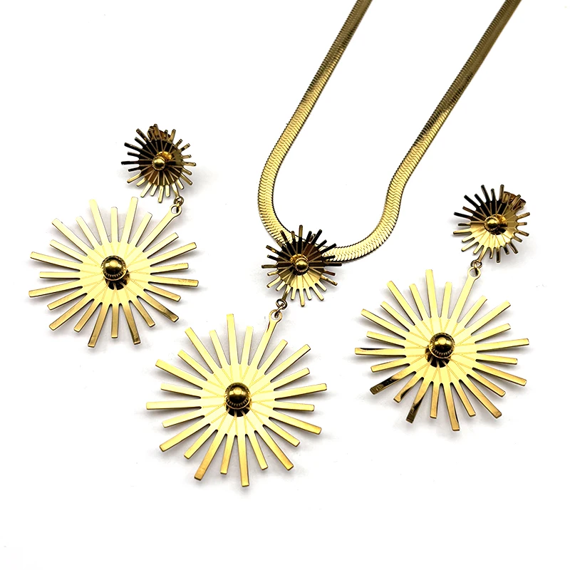 

Sunflower Stainless Steel Pendant Necklaces Drop Earrings Set for Women Girl Gold Color Snake Chain Sunburst Jewelry Party Gift