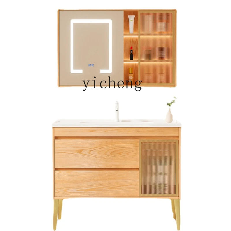 Zc Rubber Wood Floor Bathroom Cabinet Washstand Washbasin Combination Log Ceramic Integrated Basin