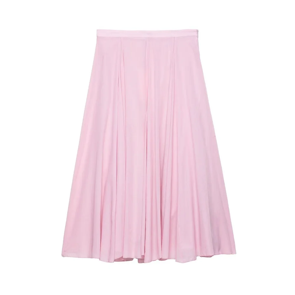 

cotton solid color slimming wide swing skirt with waist side zipper summer new women's fashionable half skirt