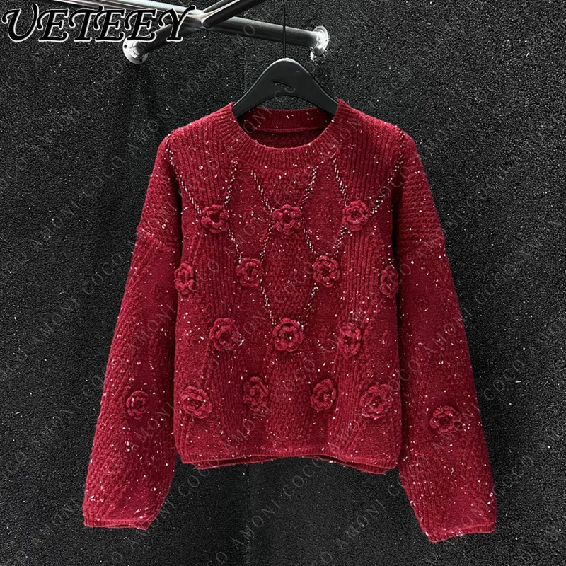 French Style Unique Chic Flower Design Sense Niche Crew Neck Pullover Sweater Female Autumn and Winter New Loose Knitwear