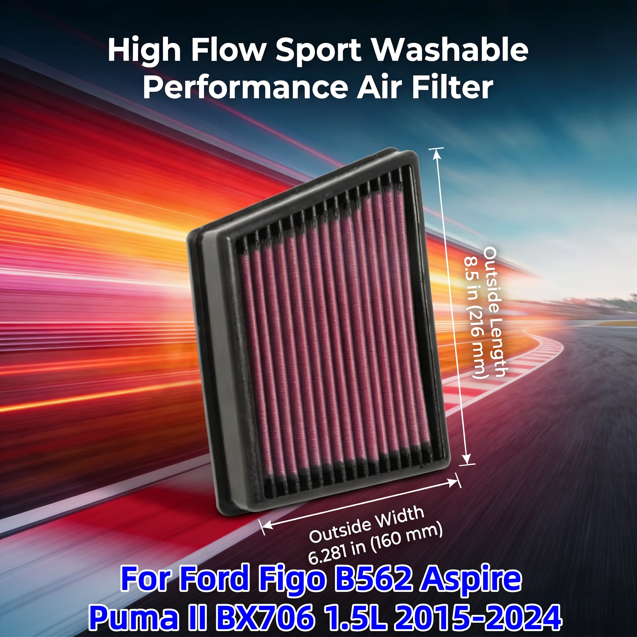 High Flow Sport Washable Performance Panel For Ford Figo B562 Aspire Puma II BX706 Air Filter Replacement 1.5L 2015-2024 33-3117