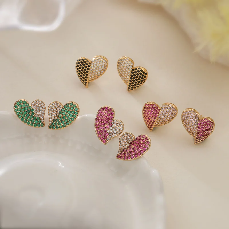 

European and American Fashion Light Luxury Copper Plated 18K Gold Heart Zircon Earrings for Women Niche High-end Versatile Earri