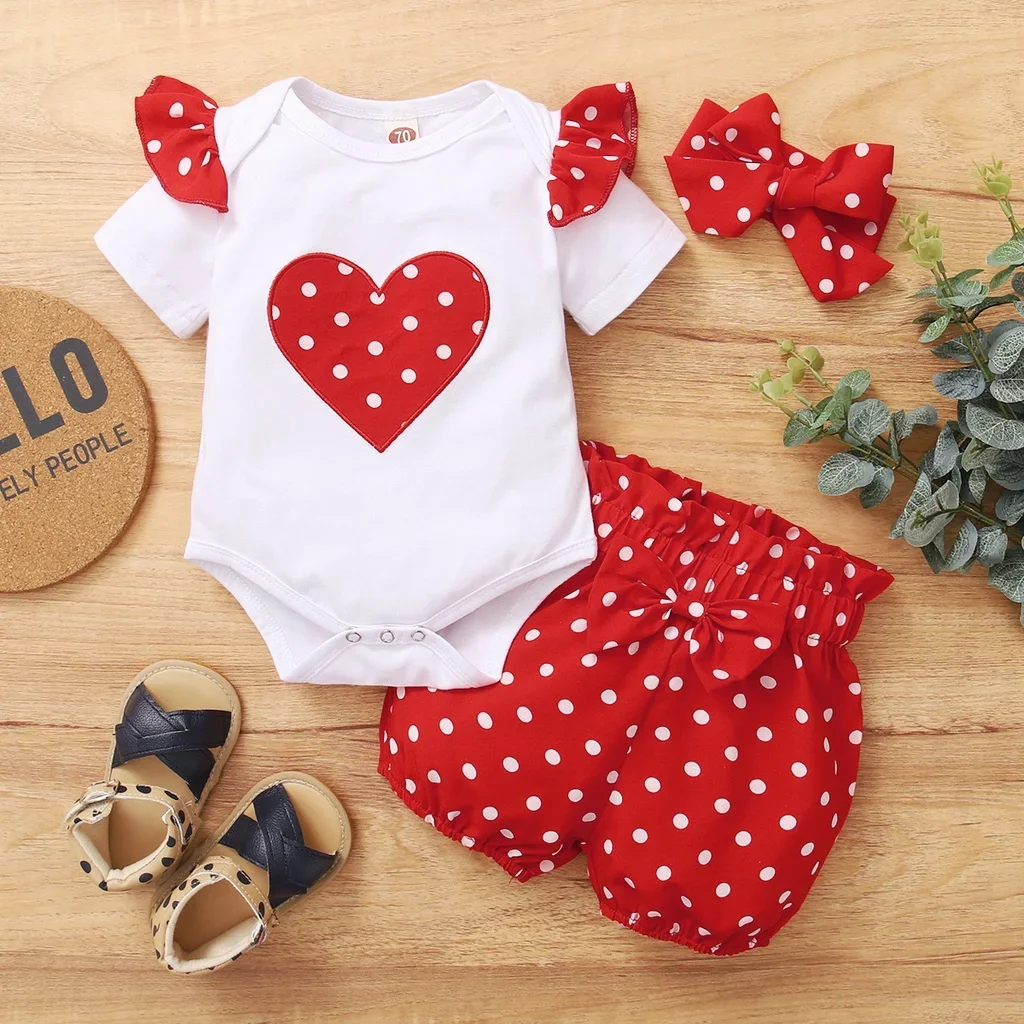 

0-18 Months Newborn Baby Girl Cute Polka Dot Summer Outfit Set Short Sleeve Bodysuit+Pants+Headband Toddler Girls Clothing