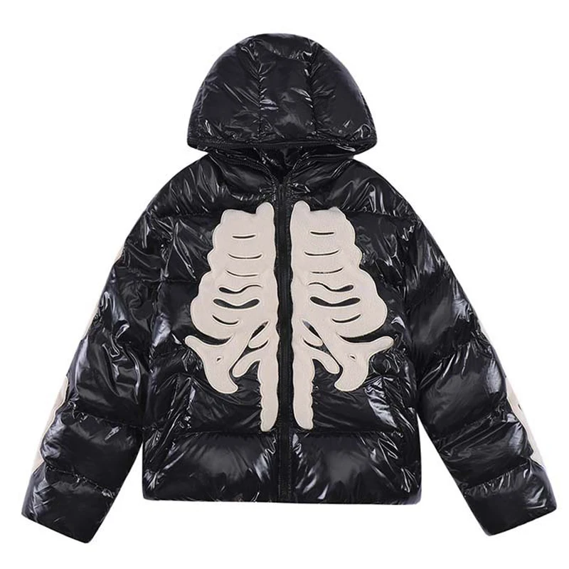 Winter Glossy Padded Jacket Men Retro Skeleton Embroidery Loose Streetwear Parkas Hooded Bright Jaqueta Masculina Unisex Clothes