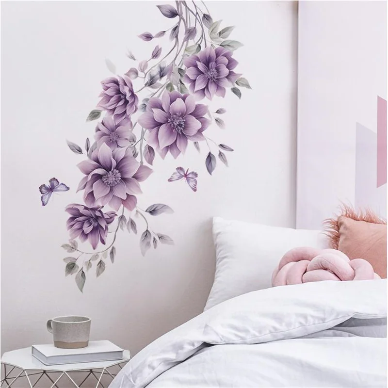 

35*60CM Removable Purple Flowers Butterfly Wall Stickers For Bedroom Living Room Bathroom Glass Mirror Decoration