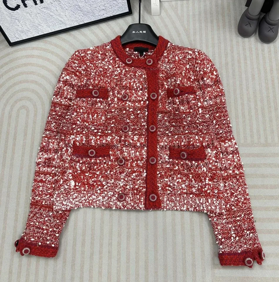 White Snowflake red knitted double breasted cardigan women autumn winter o-neck jumpers