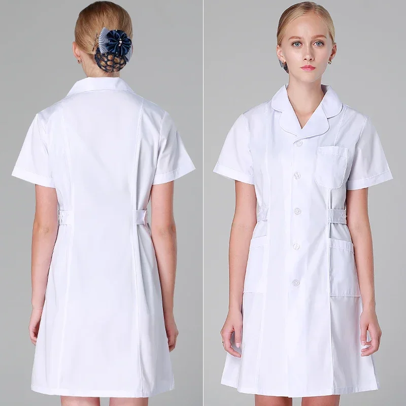 White Women Dress Nurse Working Uniform Workwear Healthcare Gown Polyester Cotton Solid Color Long Scrub Dresses  Uniformes