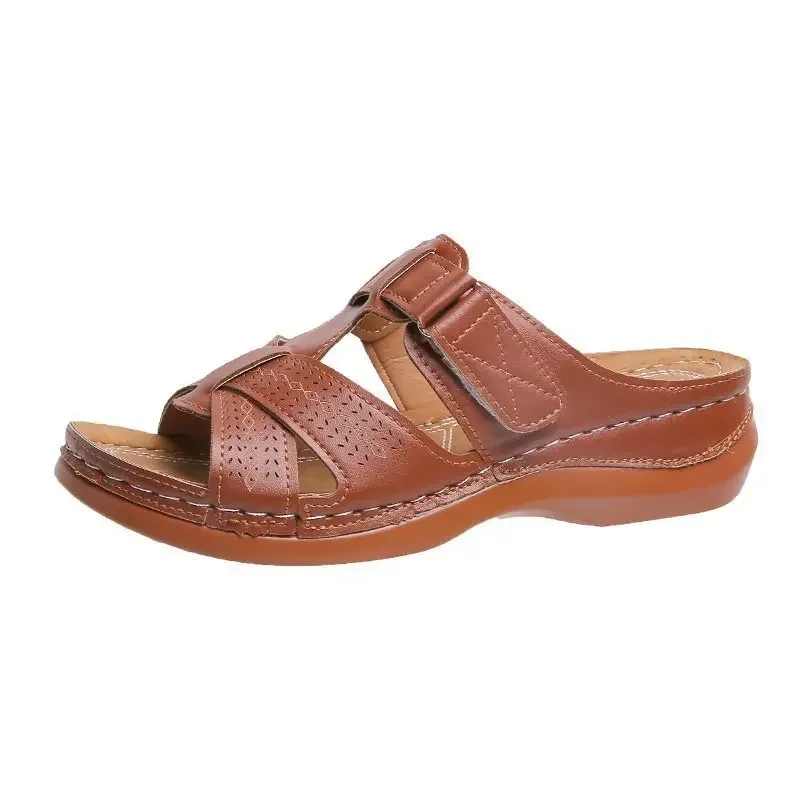 Ladies Retro Solid Color Platform Slippers Lightweight Velcro Slope Heel Open-toed Beach Cool Slippers