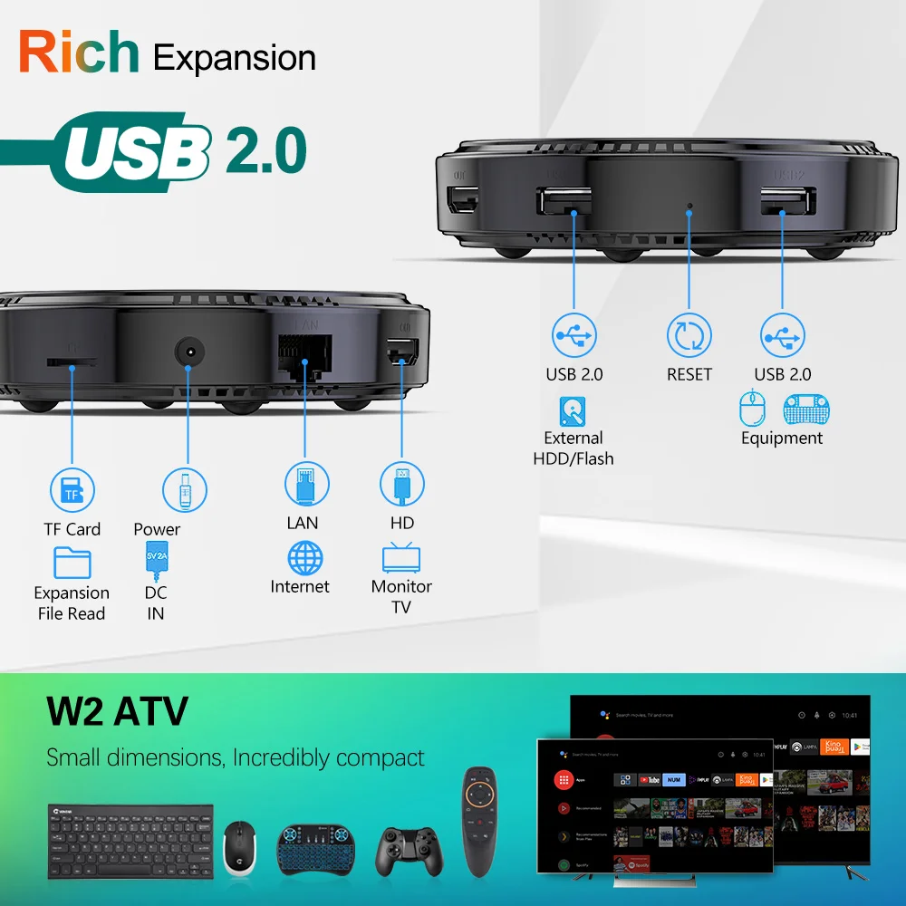 W2 ATV androidtv 11.0 صندوق التلفزيون الذكي Amlogic S905W2 يدعم إدخال الصوت Google 8K Video 4K 60fps AV1 Dual Wifi BT4.0 مشغل الوسائط