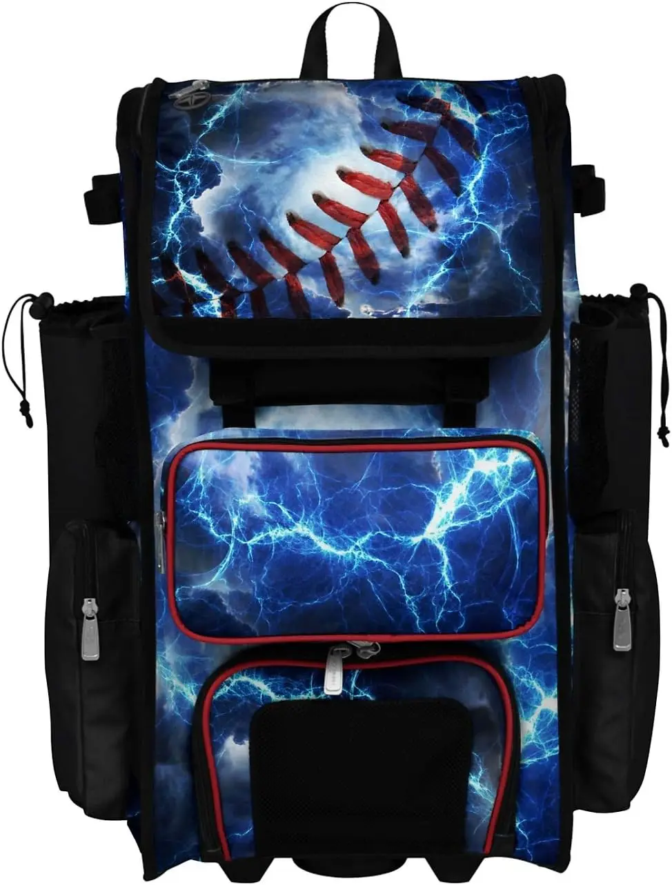 Superpack Rolling Baseball Softball Gear Bag Telescopic Handle Holds Four Bats Wheeled Natural Black Red White