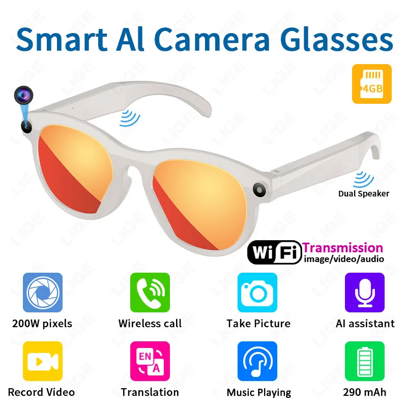 

LIGE 2MP HD Camera AI Smart Glasses 720P Video Multifunction Bluetooth Call Voice Assistant Music Player Translate Sunglasses