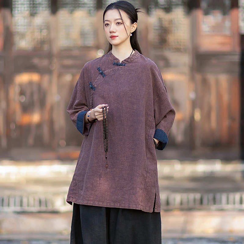 

Chinese Style Women Cotton Linen Blouse Shirt New Arrival 2026 Spring Vintage Solid Color Loose Female Long Tops Shirts M2351