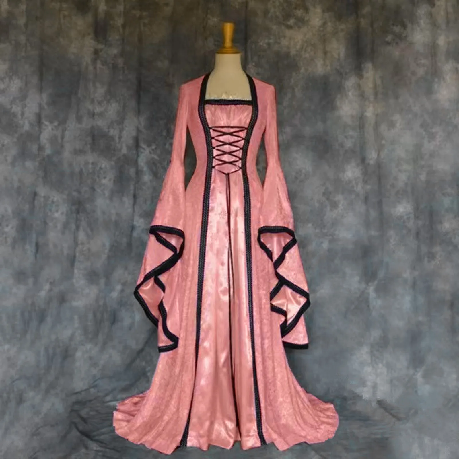 فيكتوريا القوطية زي خمر القرون الوسطى ، تأثيري هالوين ، طوق مربع ، كم طويل بجناح الخفاش ، خليط ، الدانتيل متابعة ، فستان طويل