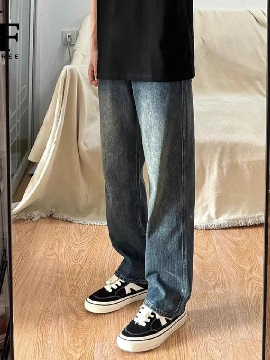 

Мужские джинсы в стиле ретро, американские, свободного прямого кроя, для весны и осени, износостойкие, повседневные, однотонные, со средней посадкой