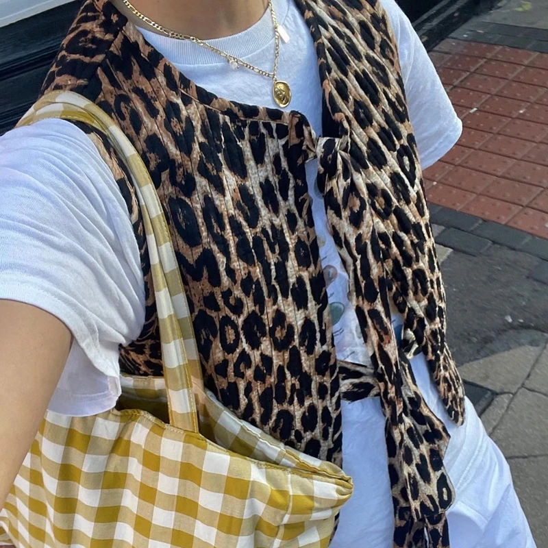 Maemukilabe Leopard Print Waistcoat Bowknot Front Sleeveless V-Neck Vest Vintage Jacket Cardigan Women Chic Fashion Streetwear