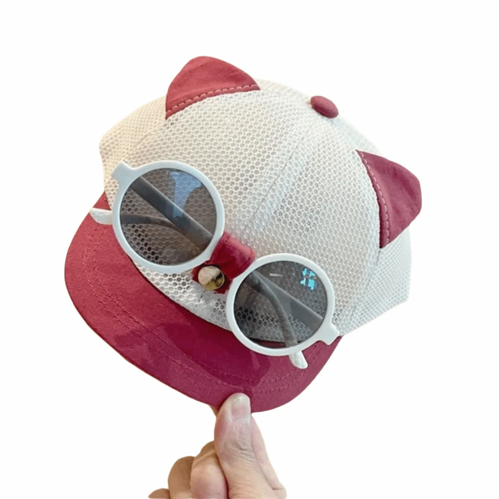 Korean Style Mesh Children's Hat with Sunglasses Breathable Adjustable Baseball Cap Cat Ear Lightweight Duck Tongue Cap Camping