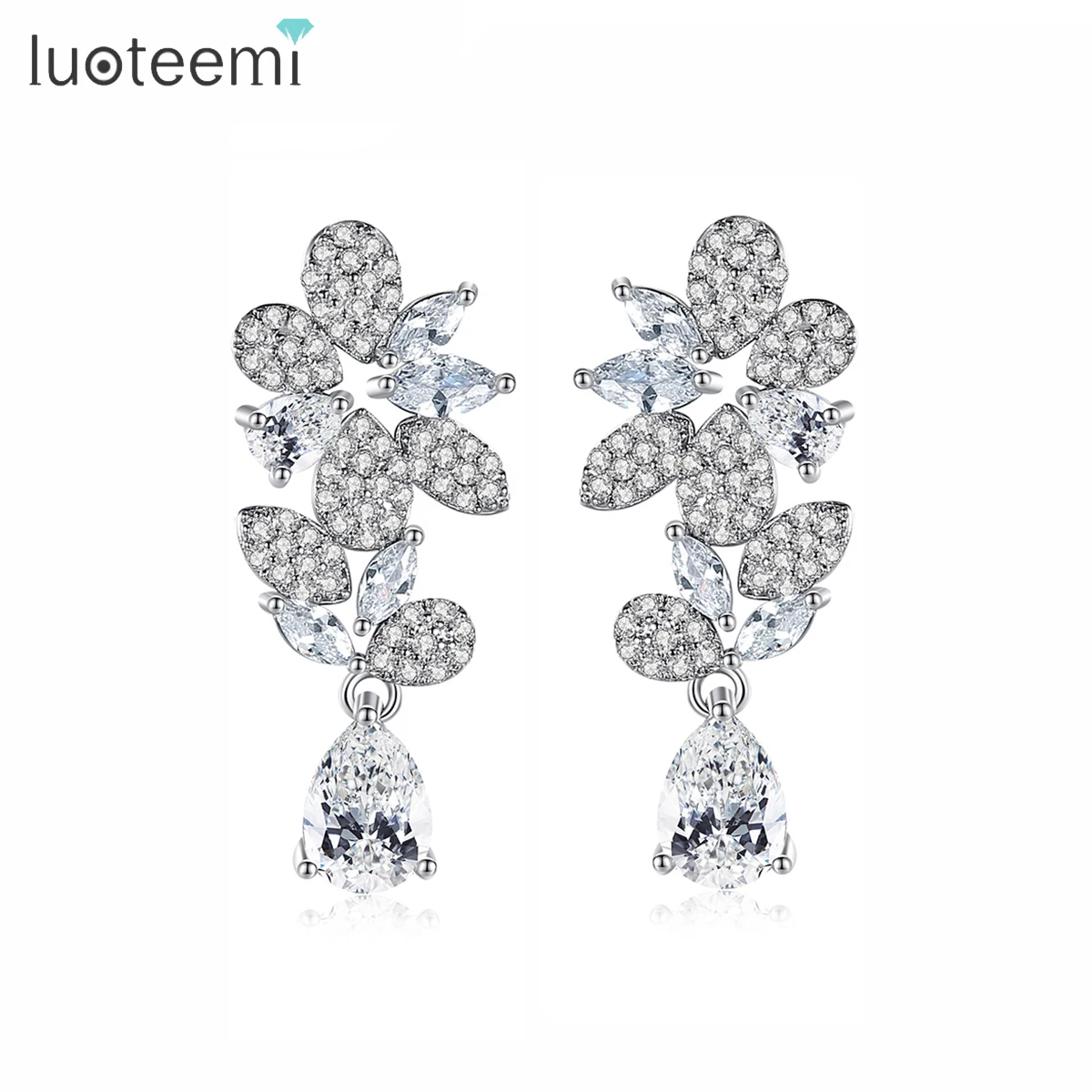 LUOTEEMI Clear Flower Cubic Zirconia Crystal Long Dangle Drop Earring Marquise Cut Cluster Bridal Wedding Jewelry for Women