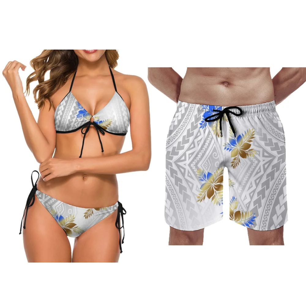 แฟชั่นชุดรูปแบบใดๆชุดว่ายน้ําคู่ Retro Beach กางเกงขาสั้นชุดคู่บิกินี่กางเกงขาสั้น Custom-Made Polynesian ชาติพันธุ์พิมพ์