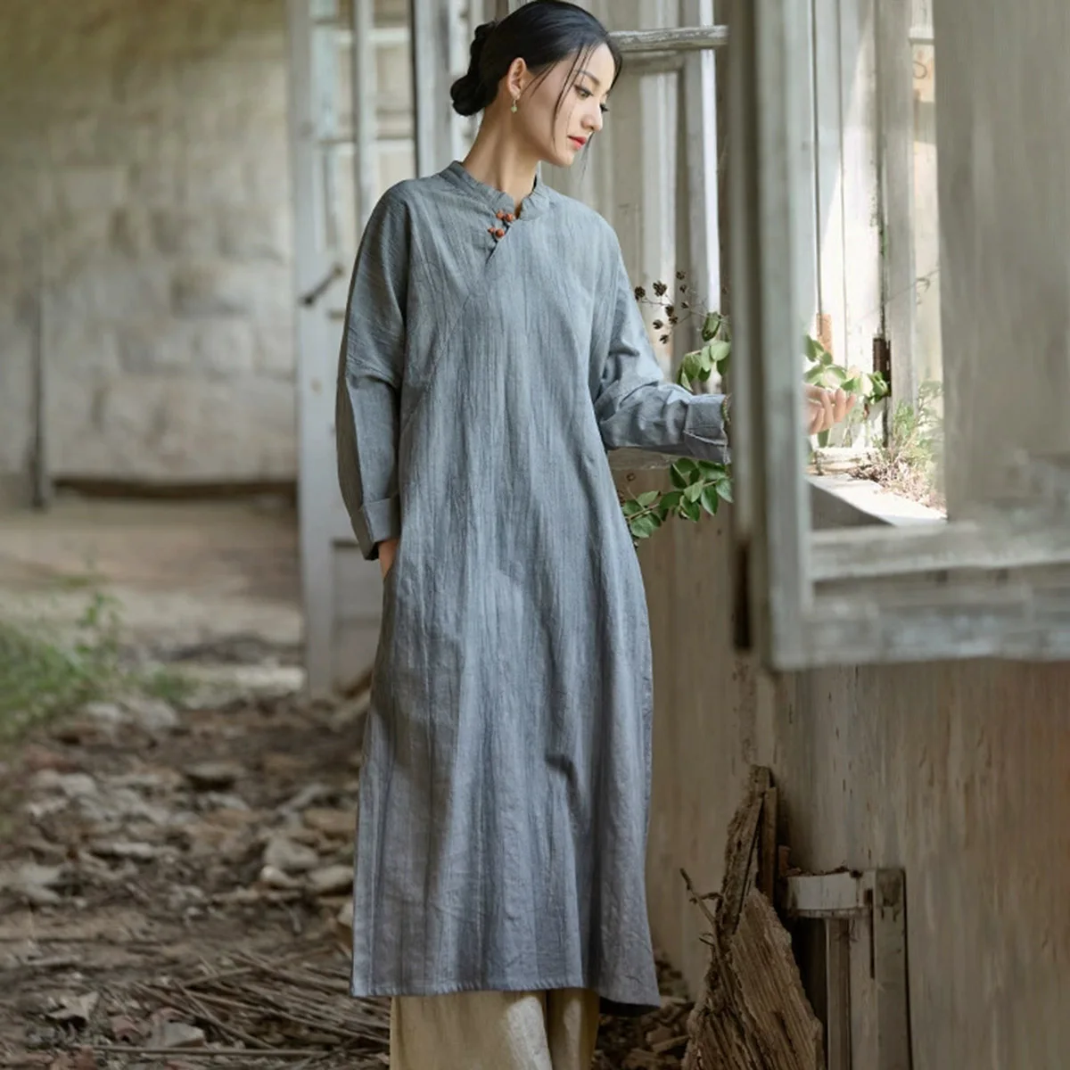 

Женское платье Ципао средней длины из бавовни рами с длинными рукавами в китайском стиле в стиле ретро, потертое платье-туника с принтом тай-дай, осенние платья