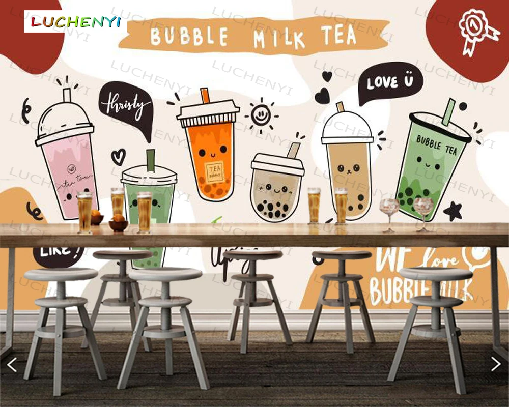 Papel de parede custom cartoon bubble milk tea 3d wallpaper mural, restaurant juice shop kitchen dining room wall papers sticker