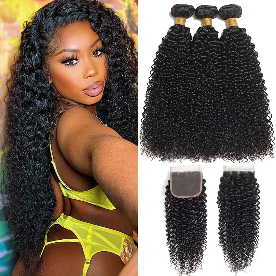 

Kinky Curly Bundles With Closure Human Hair 12A Brazilian Virgin Unprocessed Wet And Wavy 3 Bundles With Frontal HD Transparent