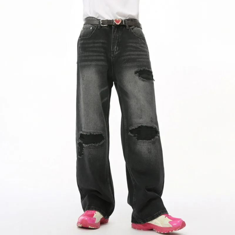 American Style High Street Men's Denim Pants Worn-out Hole Washed Bottom Straight Wide Leg Loose Male Jeans 2024 Autumn