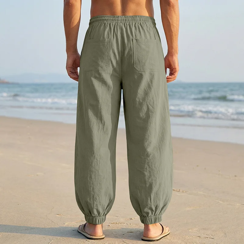 Europäische und amerikanische Freizeithose für Herren: Sommerliche Strand-Leinenhose in Übergröße mit Bündchen am Knöchel – Detail 36