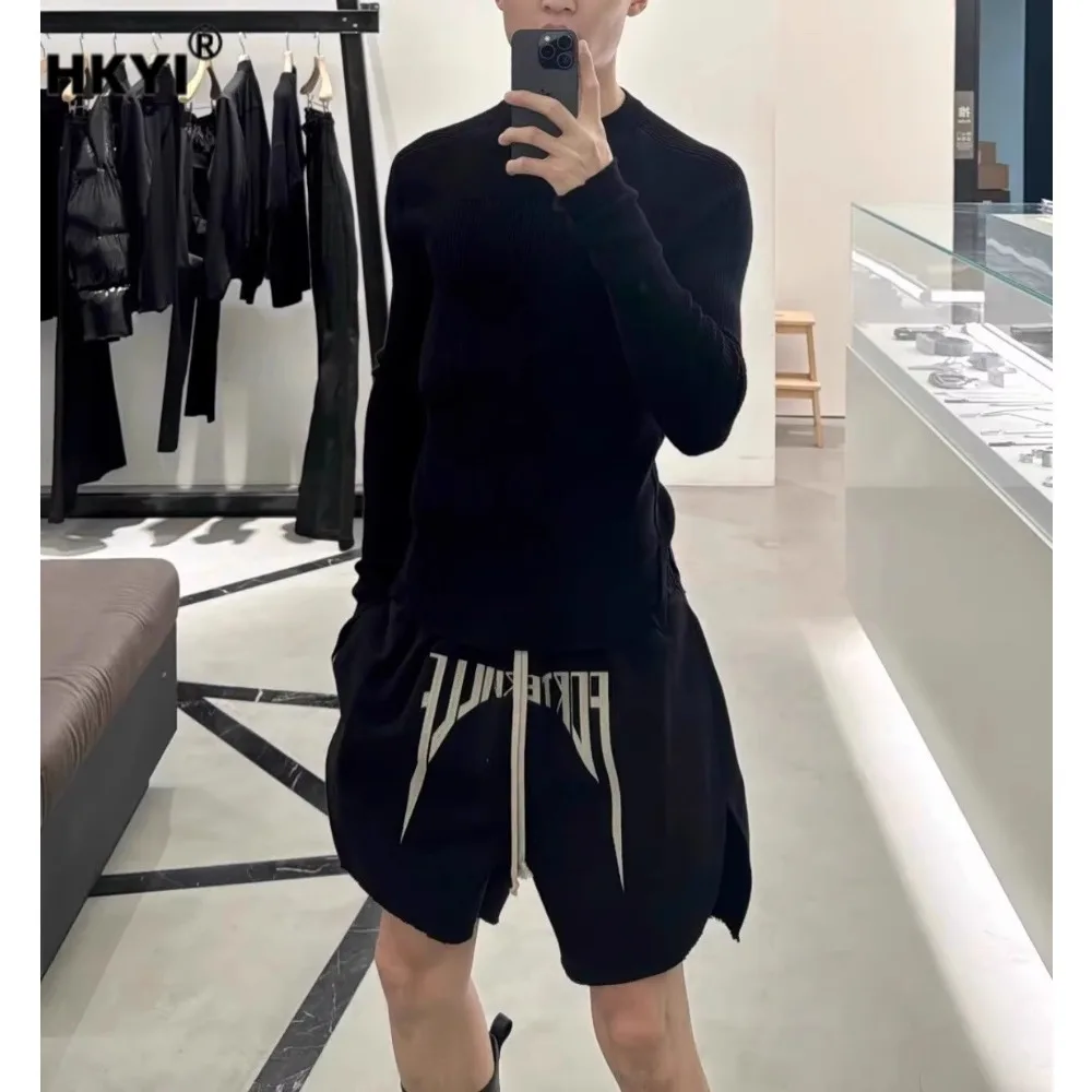 HKYI Men's and Women's Fashion Show Embroidered Letter Drawstring Diagonal Brushed Edge Pants with Split Legs Loose Shorts