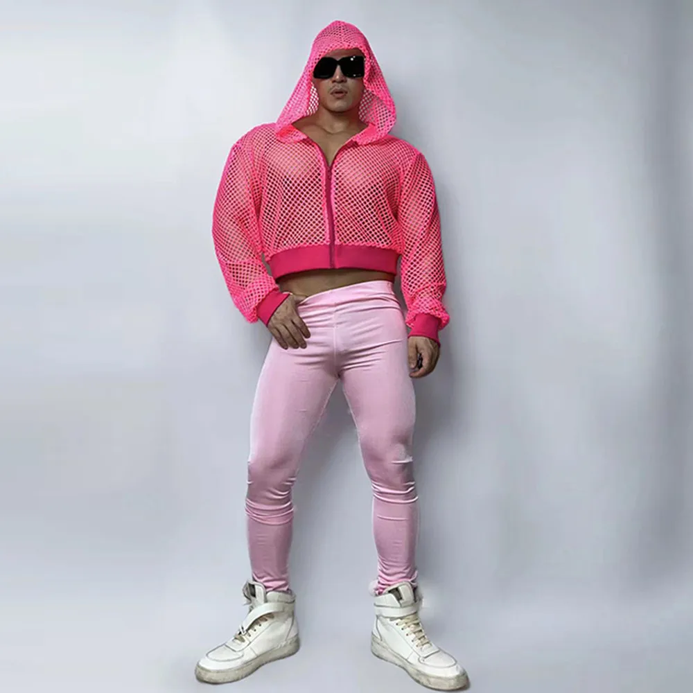 DJ Nightclub Male Gogo Dance Costume Sexy Pink Mesh Hooded Jacket Skinny Pants Stage Show Rave Outfit Performance Clothes