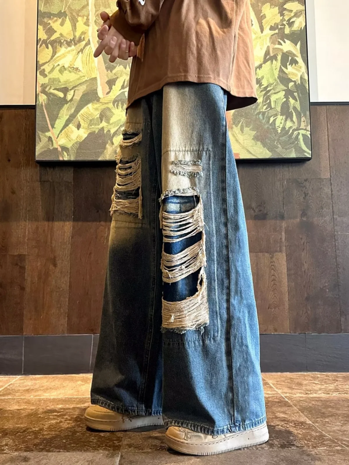 

High Street Design Men's Loose Fit Torn Denim Jeans American Retro Street Sle Casual Straight Leg Jeans Autumn Faion